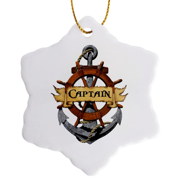3drose, a Classic Nautical Ship Anchor and Helm for Any Captain., 3 inch Snowflake Porcelain Ornament