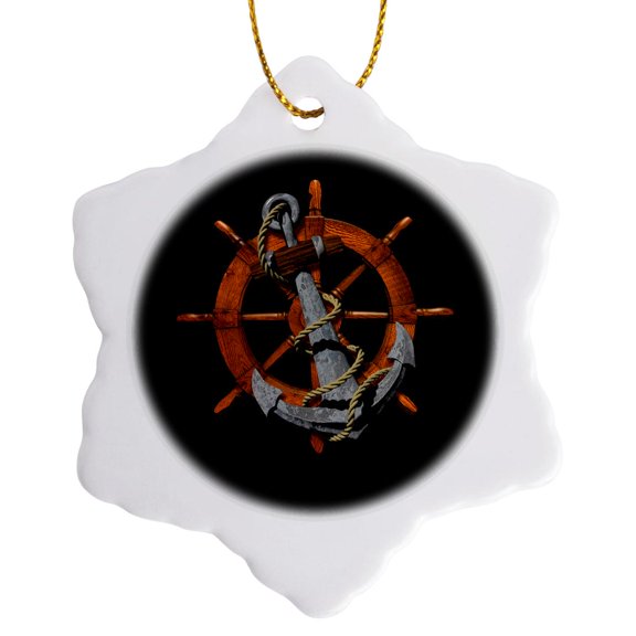 3drose, a Classic Nautical Ship Anchor and Helm for Any Sailor., 3 inch Snowflake Porcelain Ornament