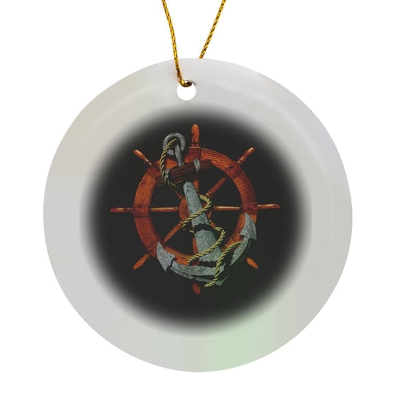 3drose, a Classic Nautical Ship Anchor and Helm for Any Sailor., Circle Porcelain Ornament