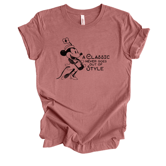 A Classic Never Goes Out Of Style Steamboat Willie Short Sleeve Ladies Graphic T-Shirt-Heather Mauve-medium
