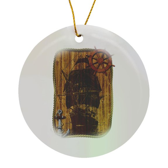 3drose, a Classic Sailing Ship Nautical Design with Anchor and Helm., Circle Porcelain Ornament