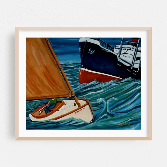 A Close Call - Painting Sailboat Boat Seascape Waves Nautical Ocean Coastal Oak Framed Wall Art Print 18 x 24 inches