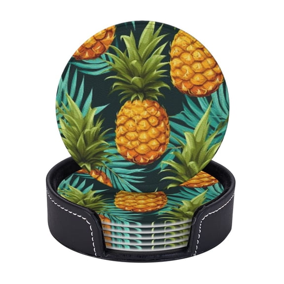 A Close Up Of A Pineapple And Palm Leaves Pattern Coasters With Leather Holder Set Of 6 Round Coasters for Home and Kitchen Decor