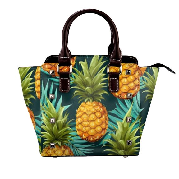 A Close Up Of A Pineapple And Palm Leaves Pattern Rivet Fashion One-Shoulder Women's Handbag Tote Bag