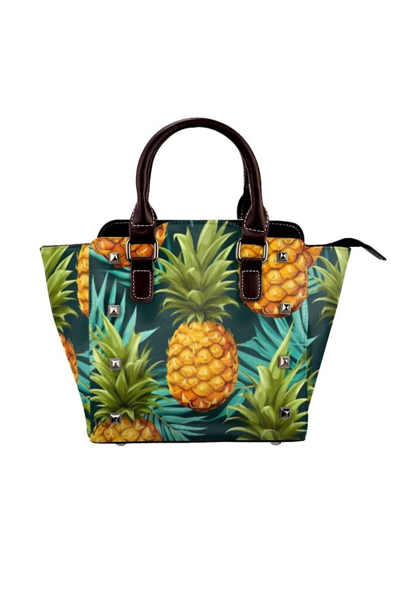 A Close Up Of A Pineapple And Palm Leaves Pattern Rivet Fashion One-Shoulder Women's Handbag Tote Bag