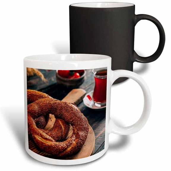 3drose, a Close Up Photograph of a Turkish Simit Bagel and Fresh Tea, 11oz Magic Transforming Mug