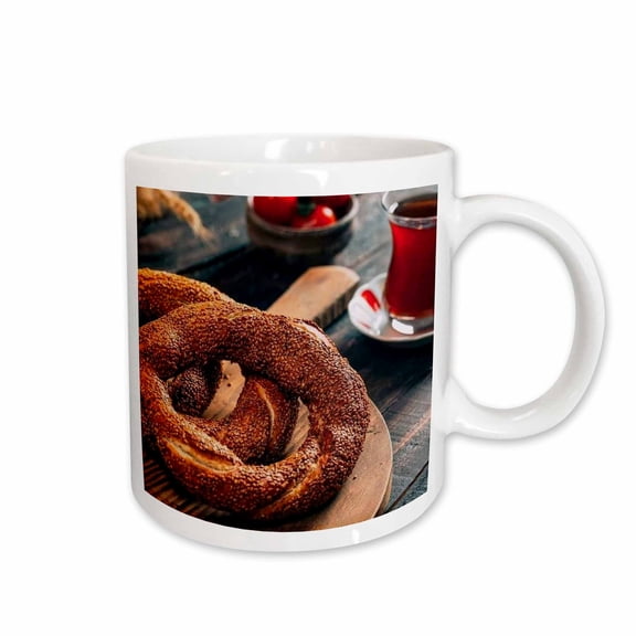 3drose, a Close Up Photograph of a Turkish Simit Bagel and Fresh Tea, 11oz Mug