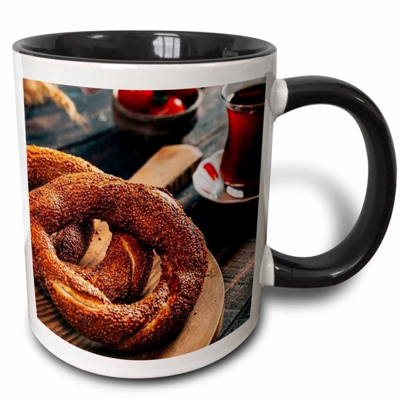 3drose, a Close Up Photograph of a Turkish Simit Bagel and Fresh Tea, 11oz Two-tone Black Mug