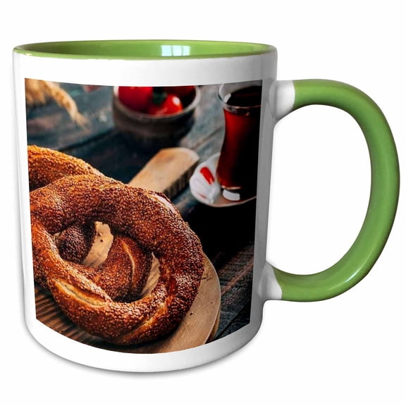 3drose, a Close Up Photograph of a Turkish Simit Bagel and Fresh Tea, 11oz Two-tone Green Mug