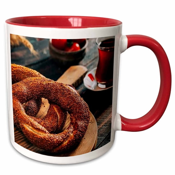 3drose, a Close Up Photograph of a Turkish Simit Bagel and Fresh Tea, 11oz Two-tone Red Mug