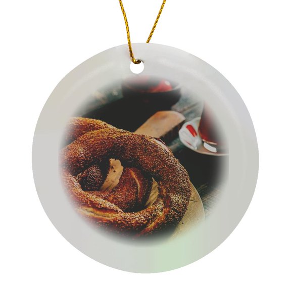 3drose, a Close up Photograph of a Turkish Simit Bagel and Fresh Tea, Circle Porcelain Ornament