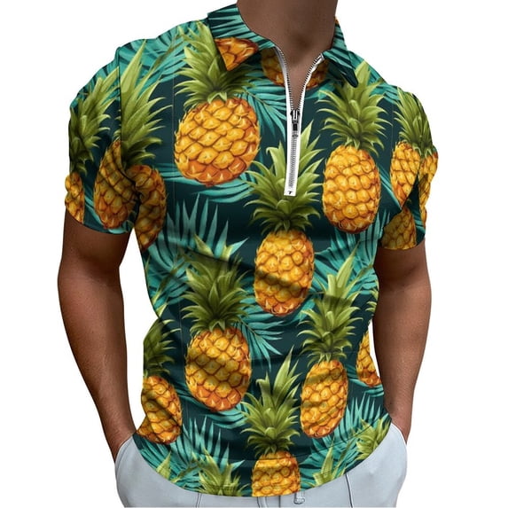 A Close Up of A Pineapple And Palm Leaves Pattern Men Zipper T-shirt Summer Casual Short Sleeve T-shirt Top