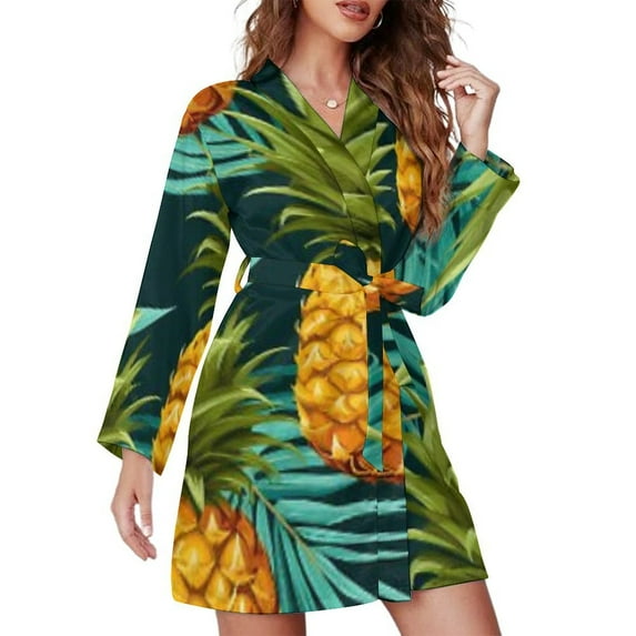 A Close Up of A Pineapple And Palm Leaves Pattern Night Robe Long Sleeve V Neck Robe With Belt Women's Sleepwear Dresses