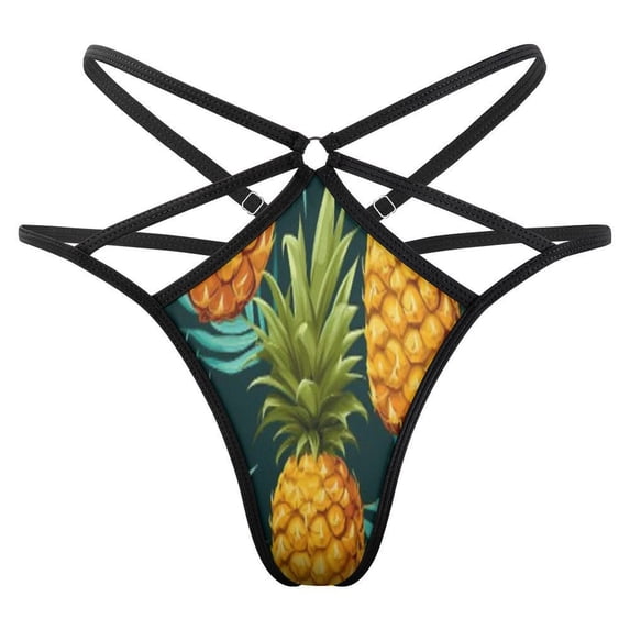 A Close Up of A Pineapple And Palm Leaves Pattern Open Type Women's Panties Crotch Opening G-strings Thongs Lingeries Underwear