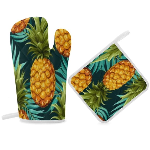 A Close Up of A Pineapple And Palm Leaves Pattern Oven Gloves And Pots Stand Set Oven Gloves And Pot Racks Pot Racks And Oven Gloves Set