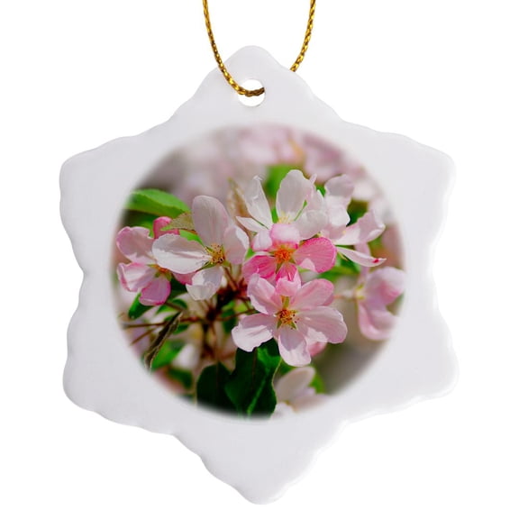 3drose, a Cluster of Soft Pink Apple Blossoms, Green Leaves in Spring, 3 inch Snowflake Porcelain Ornament