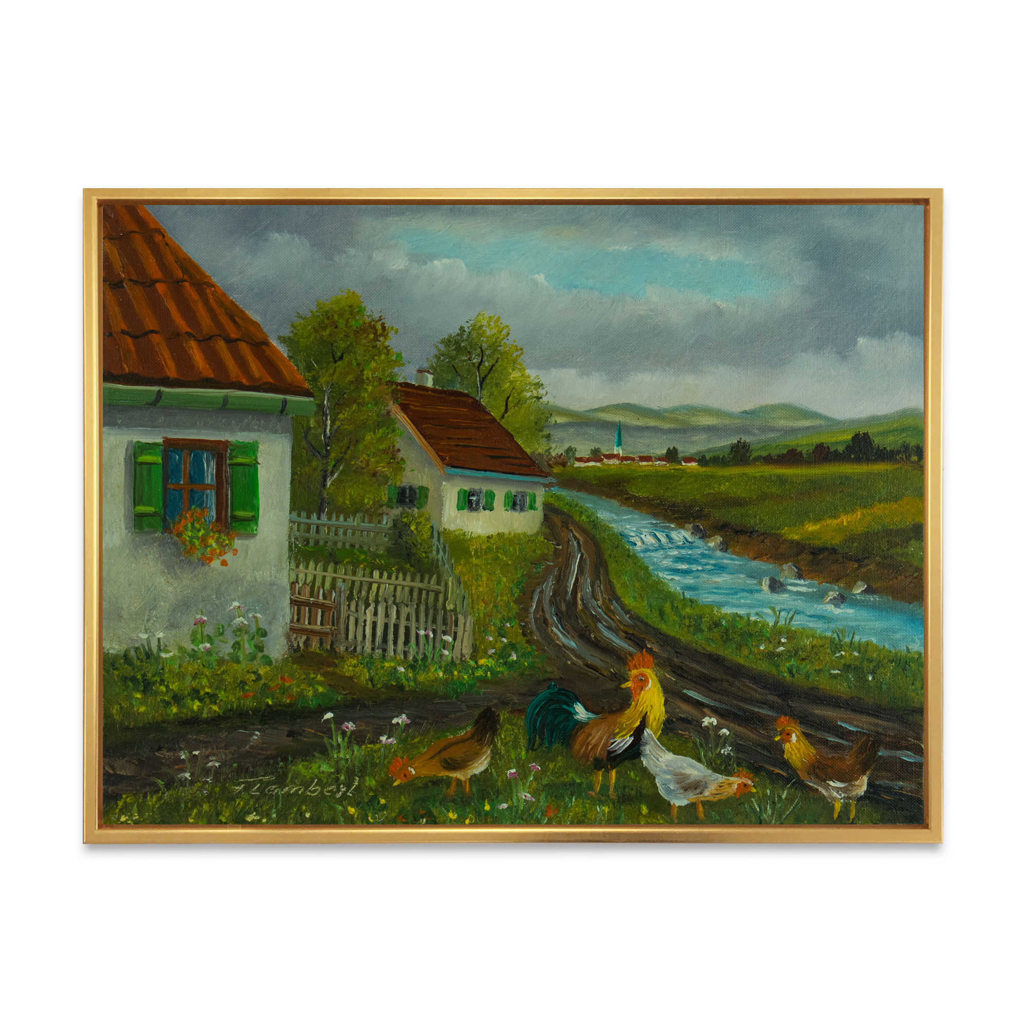 A Cock and Three Chickens In A Meadow With Flowers 32 in x 16 in Framed Painting Canvas Art Print, by Designart