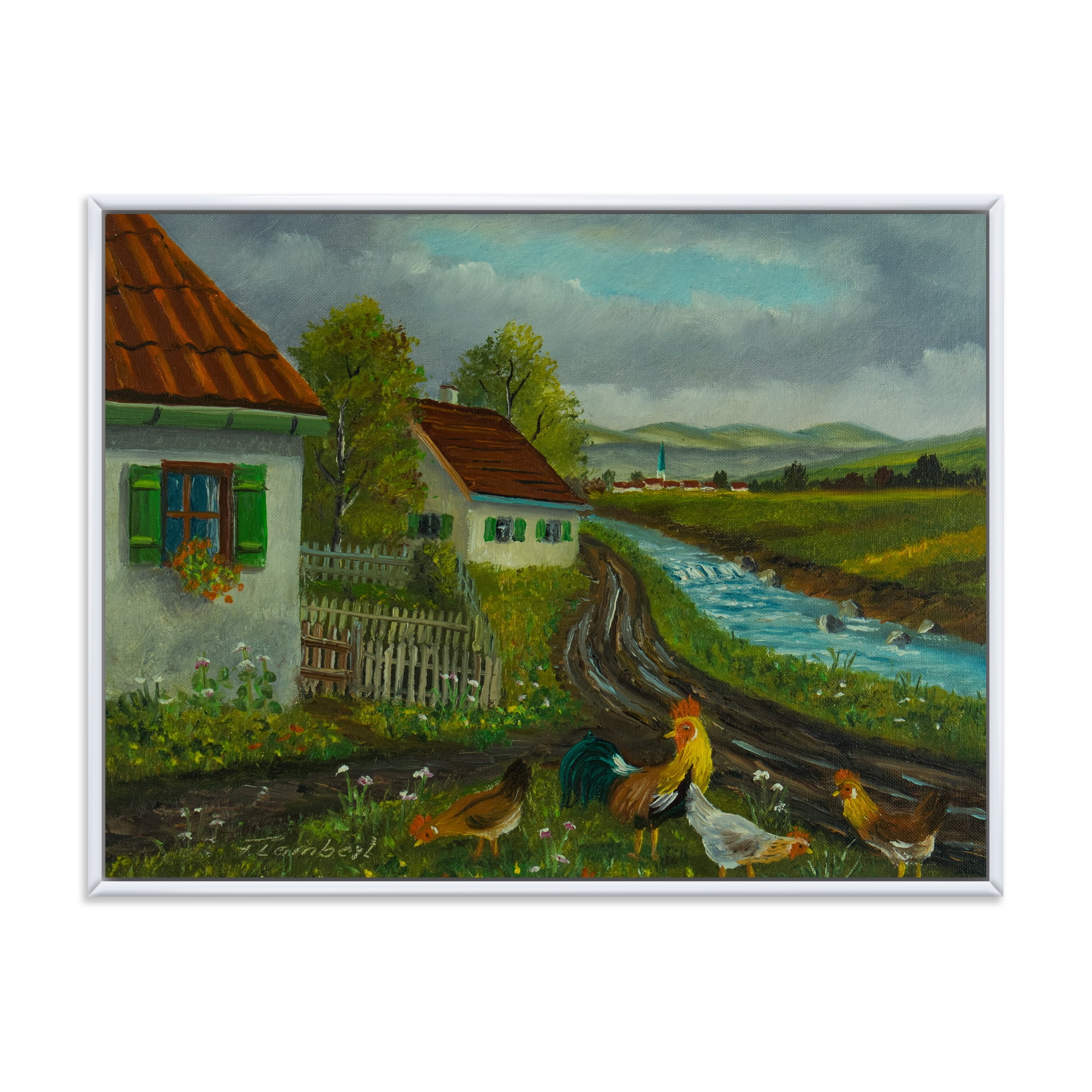 A Cock and Three Chickens In A Meadow With Flowers 32 in x 16 in Framed Painting Canvas Art Print, by Designart