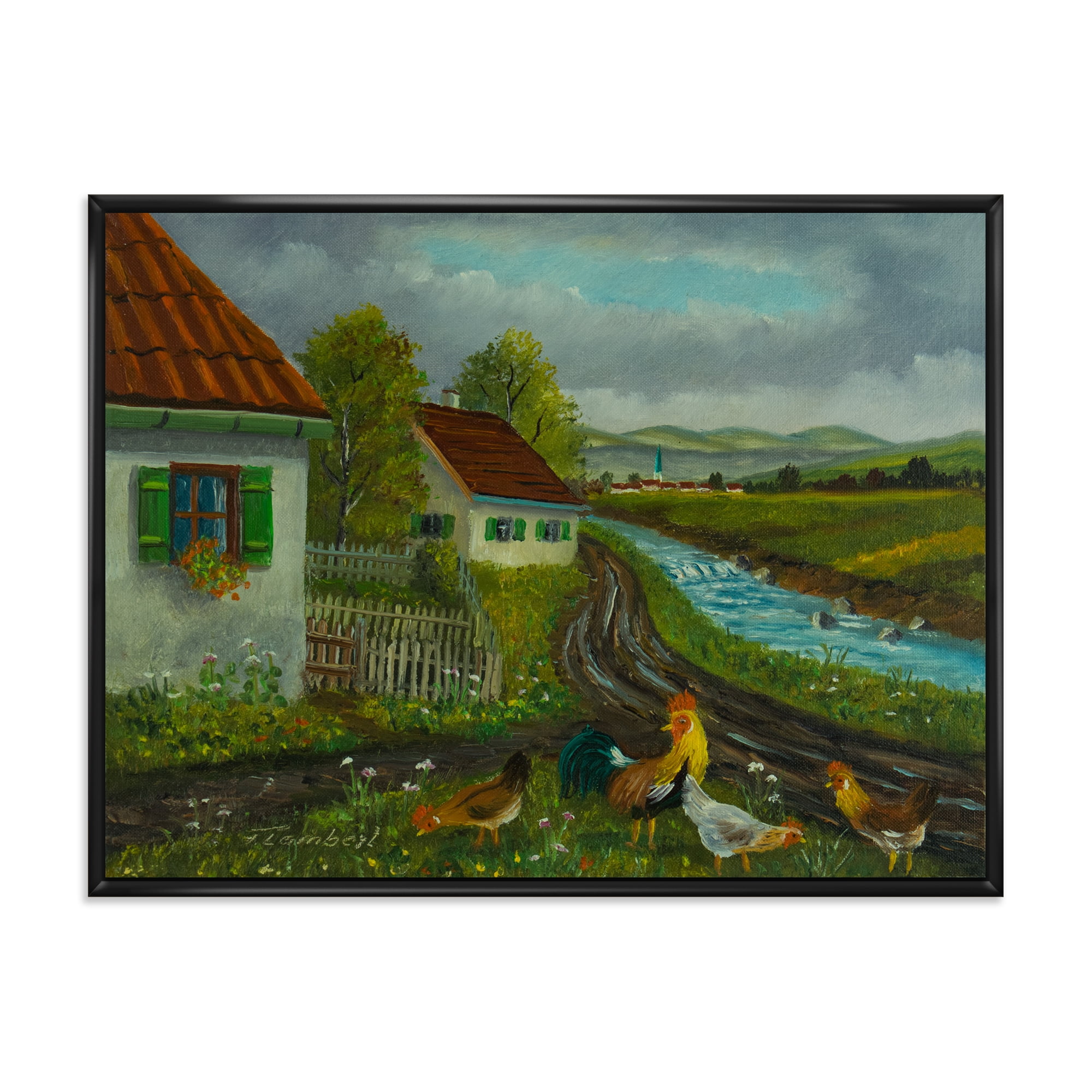 A Cock and Three Chickens In A Meadow With Flowers 32" x 16" Framed Painting Canvas Art Print, by Designart