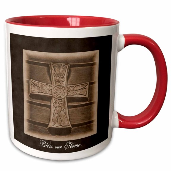 3drose, a Collage of Different Patterns Forming the Words Bless Our Home, 11oz Two-tone Red Mug