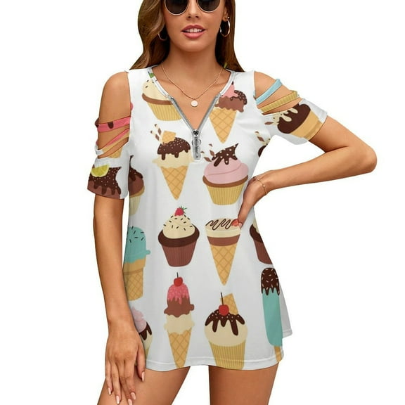 A Collection of Different Ice Creams Womens Summer V Neck Zipper Top Short Sleeve T Shirt Off Shoulder Top Casual Classy Loose Shirts
