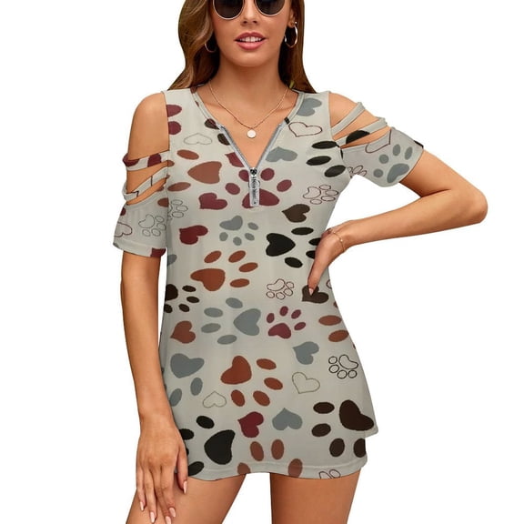 A Collection of Footprints And A Dog Paw Print Womens Summer V Neck Zipper Top Short Sleeve T Shirt Off Shoulder Top Casual Classy Loose Shirts