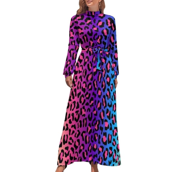 A Colorful Leopard Print Women's Long Dress Long Sleeves Dress Vintage Dresses Party Maxi Dress High Waist Dress