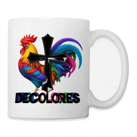 A Colorful Rooster With A Cross And Text Decolores Coffe Coffee Mug 11oz