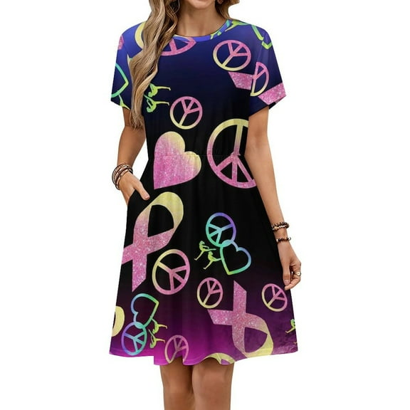 A Colorful Sign with Peace And Ribbon Dress Fashion Beach Short Sleeve Dresses Female Party Printed Sundress
