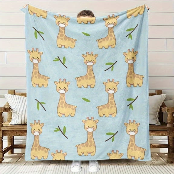 A Comfortable Cute Giraffe Theme Pattern Flannel 280GSM Blanket, Soft High-Definition Digital Print, Perfect Gift, All-Season, Soft, Breathable 100%