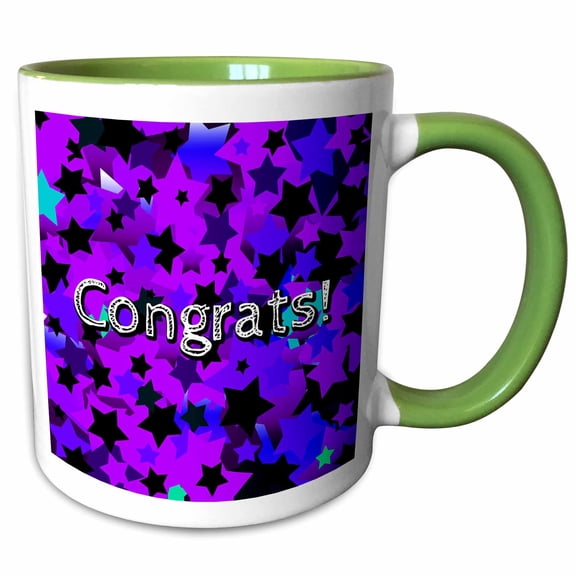 3drose, a Cool Star Pattern in Black and Purples with a Congrats Greeting, 11oz Two-tone Green Mug