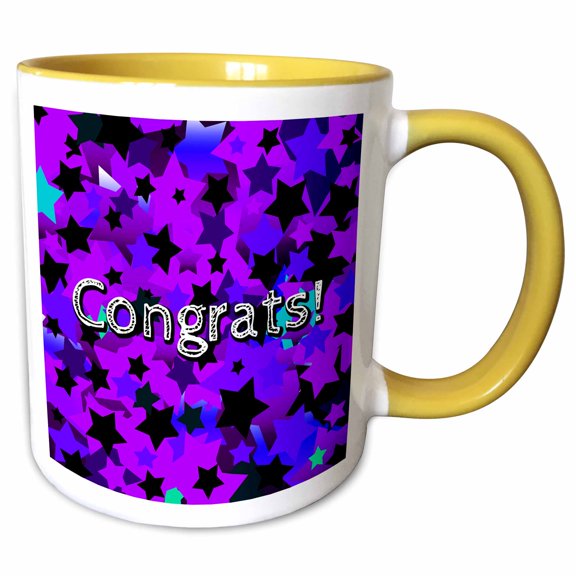 3drose, a Cool Star Pattern in Black and Purples with a Congrats Greeting, 15oz Two-tone Yellow Mug