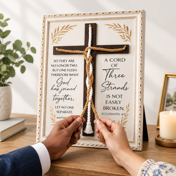 A Cord Of Three Strands Wedding Ceremony Sign, Unity Rope Cross For Braiding, Verse Wall Decor Keepsake, 16 x 12 in