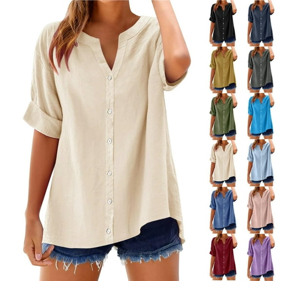 A Cotton Linen Shirts for Women Summer Button Down Tops Short Sleeve Dressy Casual Blouses Oversized Tshirts 2025