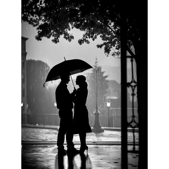 A Couple Under an Umbrella Black and White Photo Unframed Wall Art Print Poster Home Decor Premium
