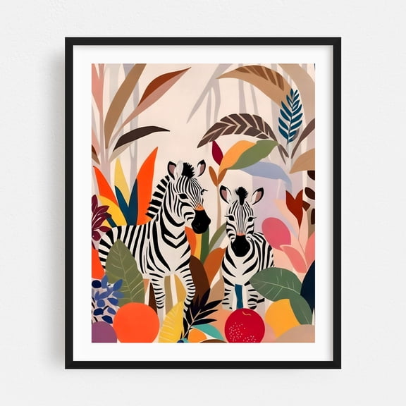 A Couple of Zebras - Illustration Wildlife Tropical Animal Botanical Modern Art Black Framed Wall Art Print 18 x 24 inches