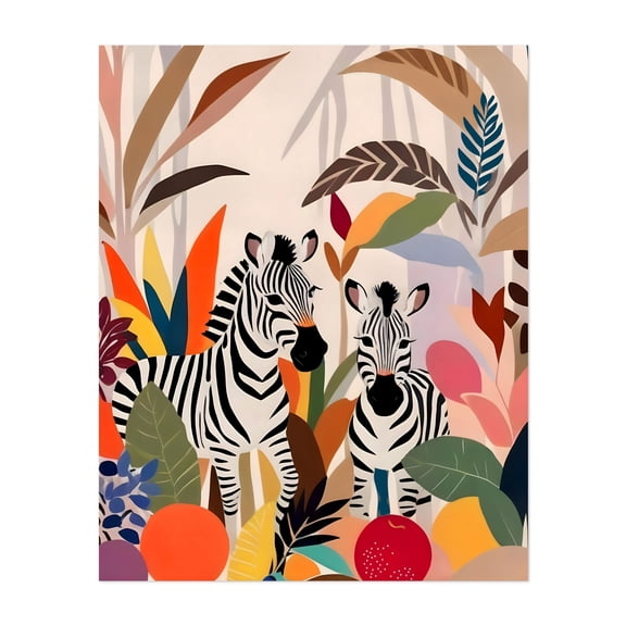 A Couple of Zebras - Illustration Wildlife Tropical Animal Botanical Modern Art Unframed Wall Art Print 36 x 48 inches