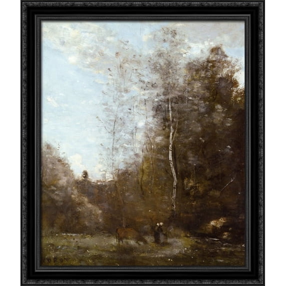 A Cow Grazing beneath a Birch Tree 28x34 Large Black Ornate Wood Framed Canvas Art by Camille Corot