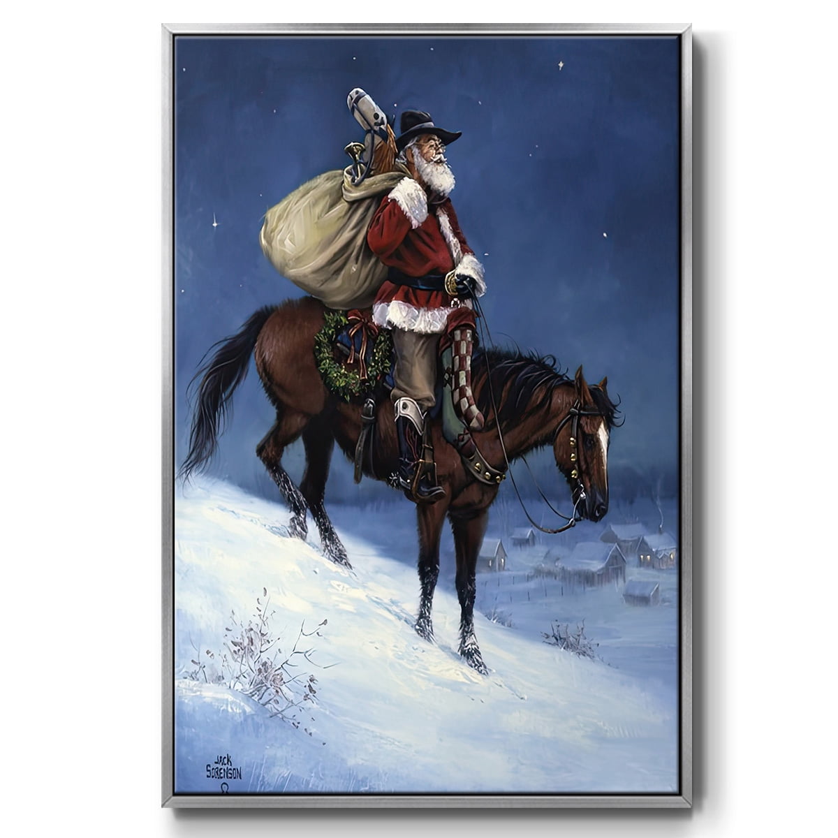 A Cowboy Christmas - Framed Gallery Wrapped Holiday Canvas - 17 x 25 - Silver Frame