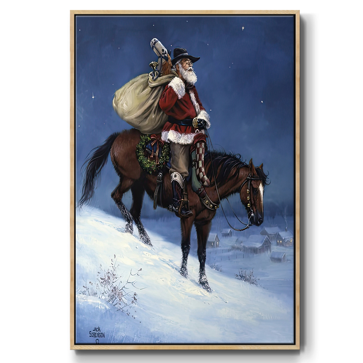 A Cowboy Christmas - Framed Gallery Wrapped Holiday Canvas - 25 x 37 - Natural Wood Frame