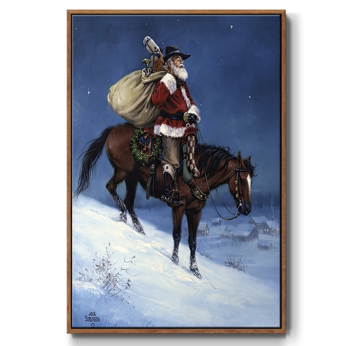 A Cowboy Christmas - Framed Gallery Wrapped Holiday Canvas - 25 x 37 - Rosewood Frame