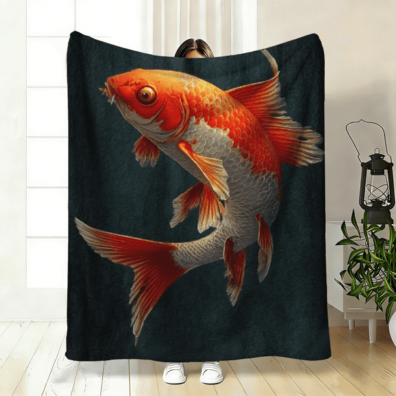 A Cozy Flannel Blanket Featuring a Koi Fish Design, Soft with High-Definition Digital Printing on a Black Background And Gold-Red Fish Body.