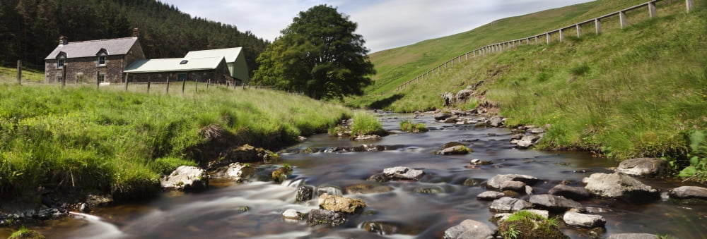 A Creek Running Past Houses Cheviot Hills Northumberland England Canvas Art - John Short Design Pics (37 x 12)