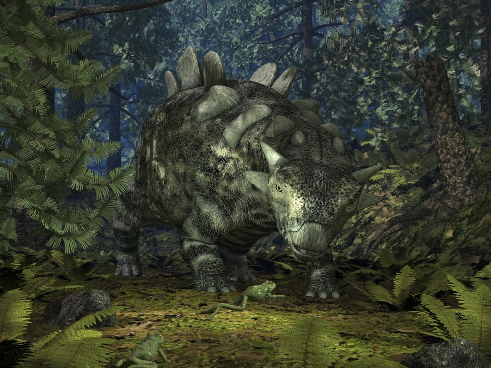 A Crichtonsaurus crosses paths with a pair of frogs within a Cretaceous forest Canvas Art - Walter MyersStocktrek Images (33 x 25)