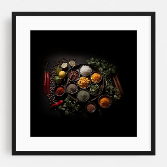 A Culinary Canvas Herbs in Bowls Photorealism 2 - Digital Art Kitchen Decor Black Framed Wall Art Print 12 x 12 inches