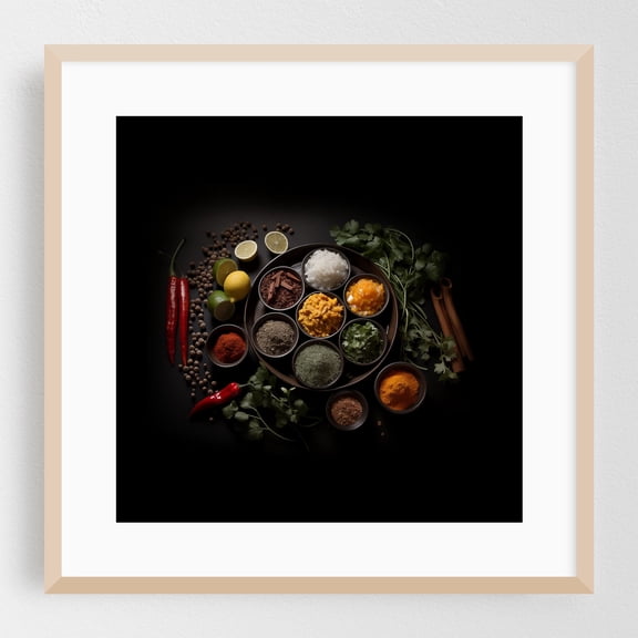 A Culinary Canvas Herbs in Bowls Photorealism 2 - Digital Art Kitchen Decor Oak Framed Wall Art Print 8 x 8 inches