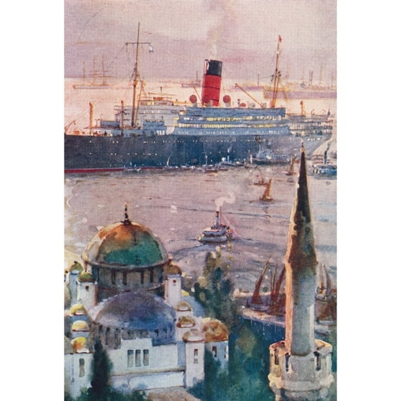 A Cunard liner lying off Constantinople present day Istanbul Turkey 1920's From The Book of Ships published c1920 Poster Print by