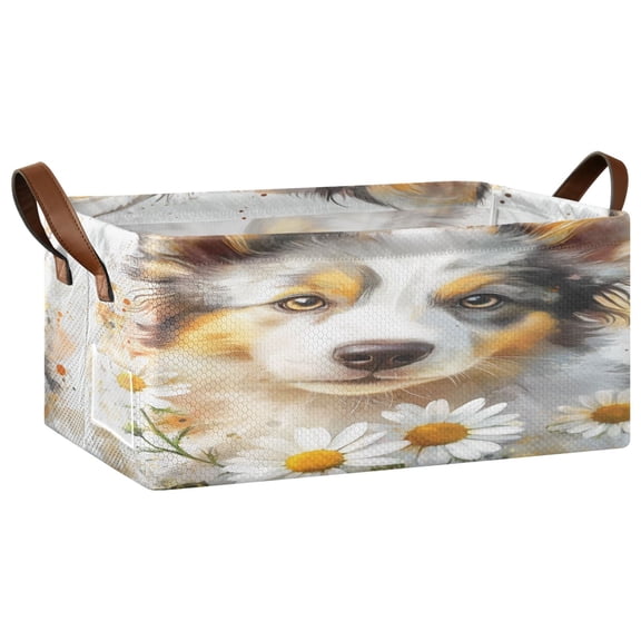 A Cute Border Collie with Daisies Pattern Storage Basket Soccer Plaid Fabric Hoard Box Oversized Collapsible Closet Organizer with Metal Iron Frame 16.911.47.7in