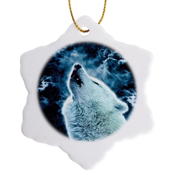 3drose, a Cute Crying Arctic Wolf in the Rain in the Night, 3 inch Snowflake Porcelain Ornament