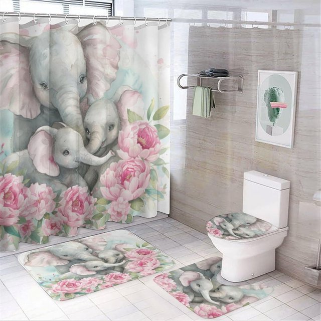 A Cute Elephant and Her Baby 4 Pcs Shower Curtain Set Bathroom Sets